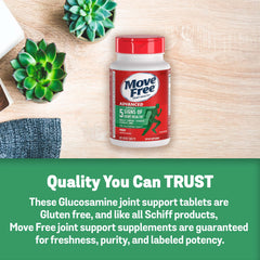 Move Free tabletas junto a glucosamina y MSM como representación de ingredientes