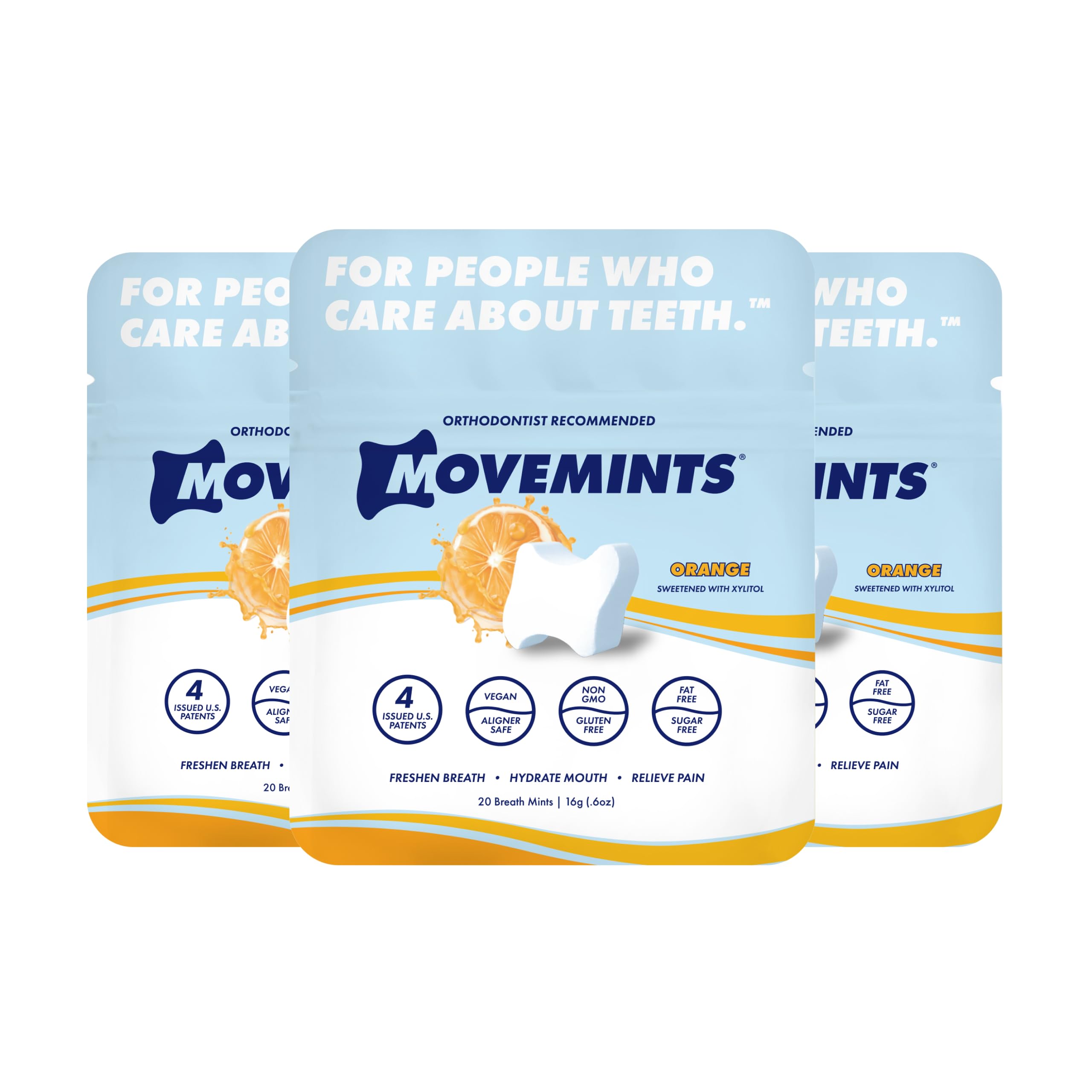 Movemints frontal del pack naranja mostrando diseño y beneficios portátiles