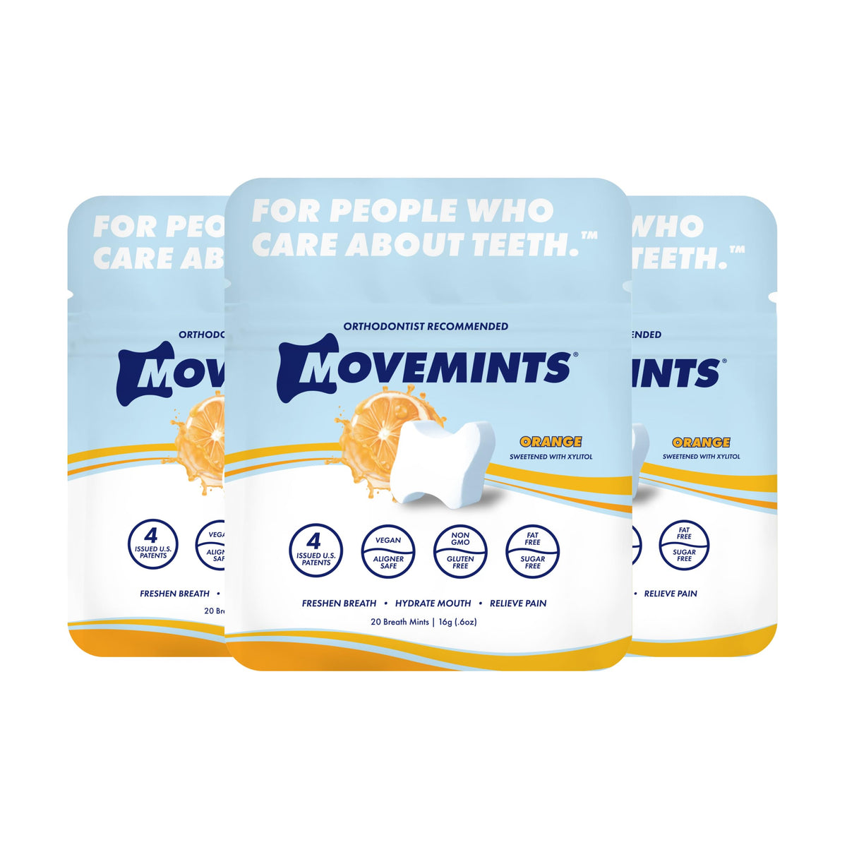 Movemints frontal del pack naranja mostrando diseño y beneficios portátiles
