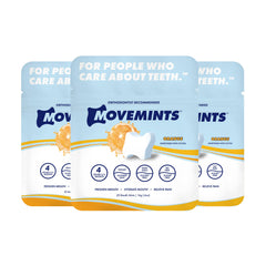 Movemints frontal del pack naranja mostrando diseño y beneficios portátiles