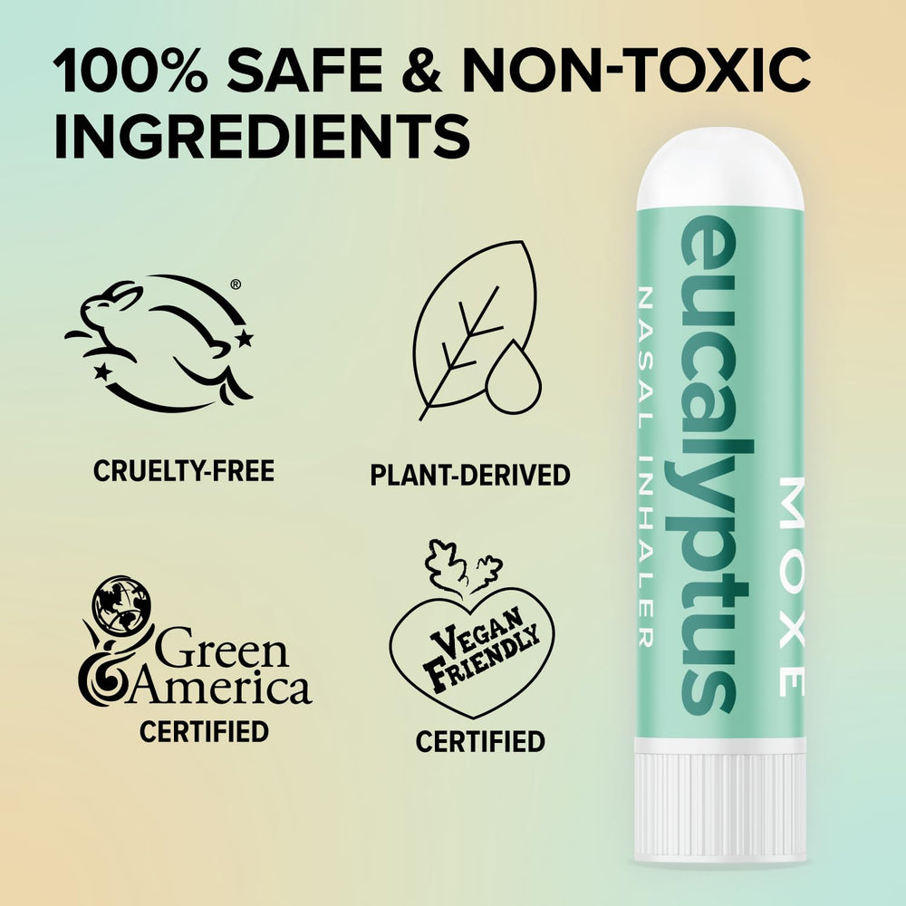 Etiqueta del inhalador MOXĒ que destaca '100% aceite de eucalipto' y beneficios