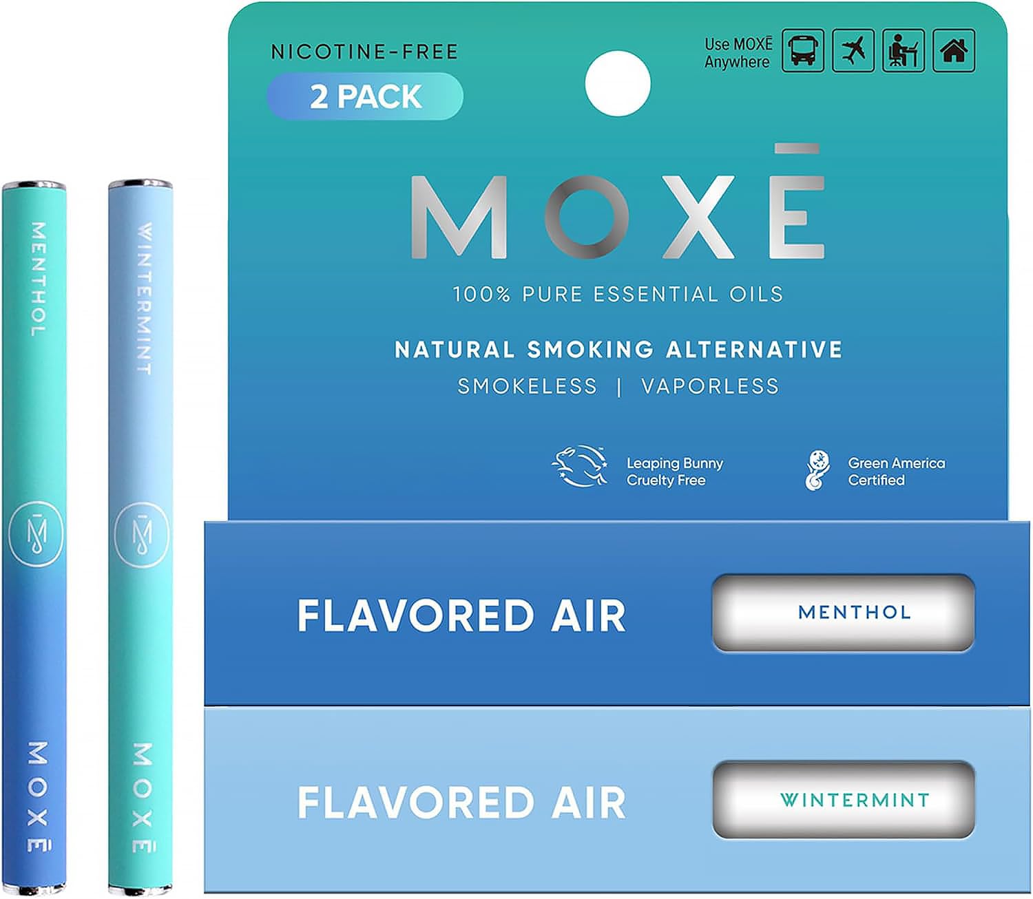 MOXE inhalador frontal del paquete mostrando diseño compacto y portátil