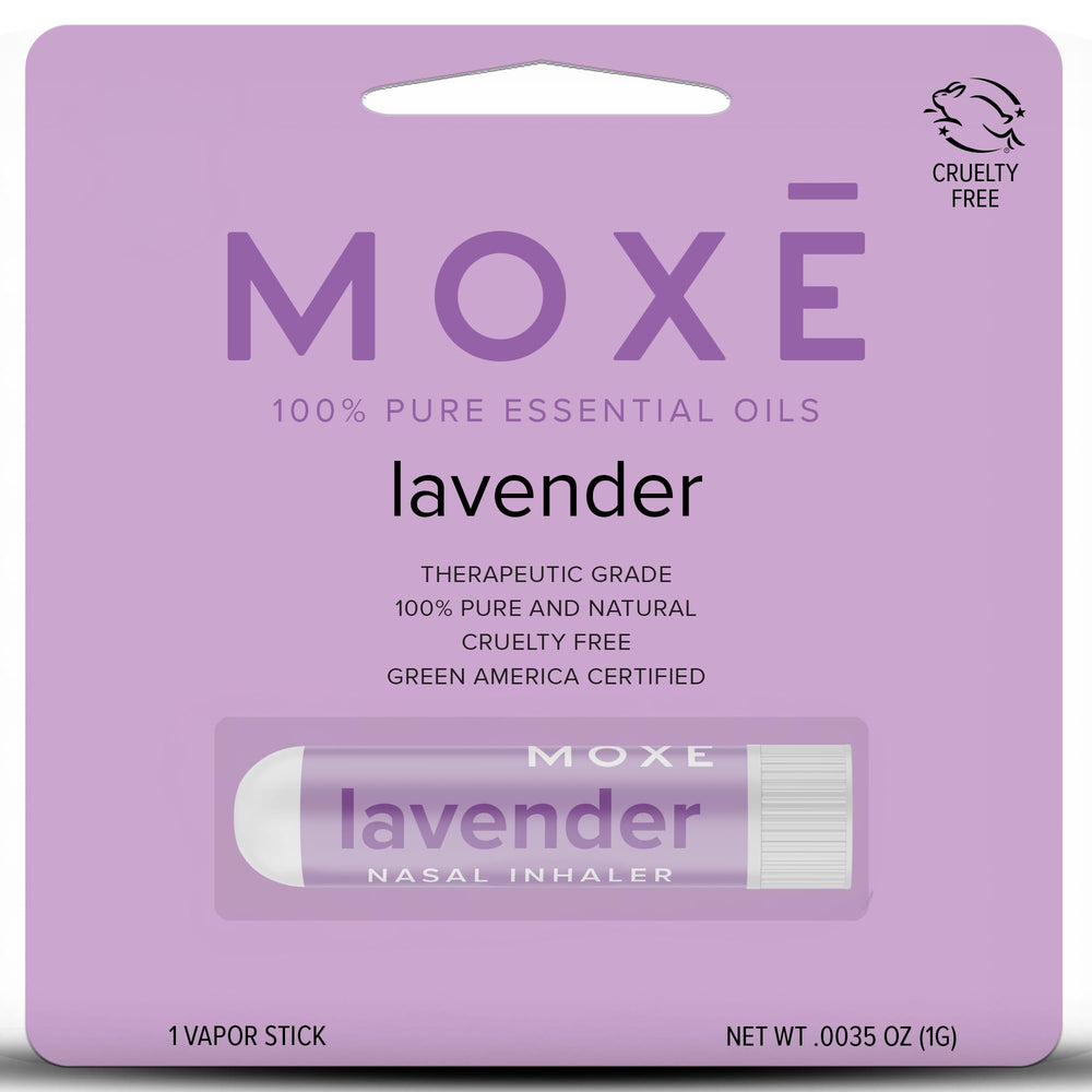MOXĒ inhalador lavanda frente mostrando diseño portátil y práctico