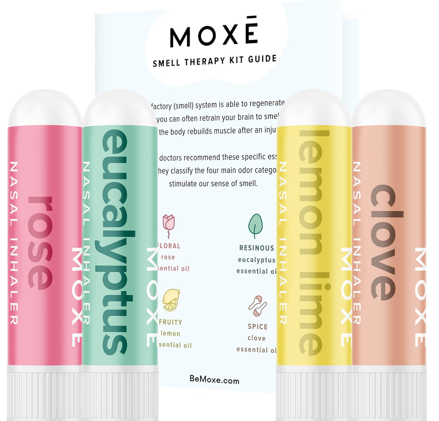 MOXE kit frente en embalaje mostrando cuatro inhaladores y guía, facilita inicio del entrenamiento olfativo