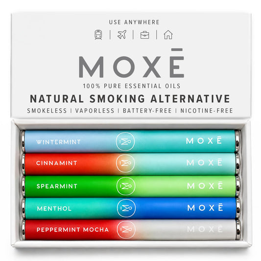MOXE packaging frontal muestra 5 inhaladores, beneficio portable inmediato