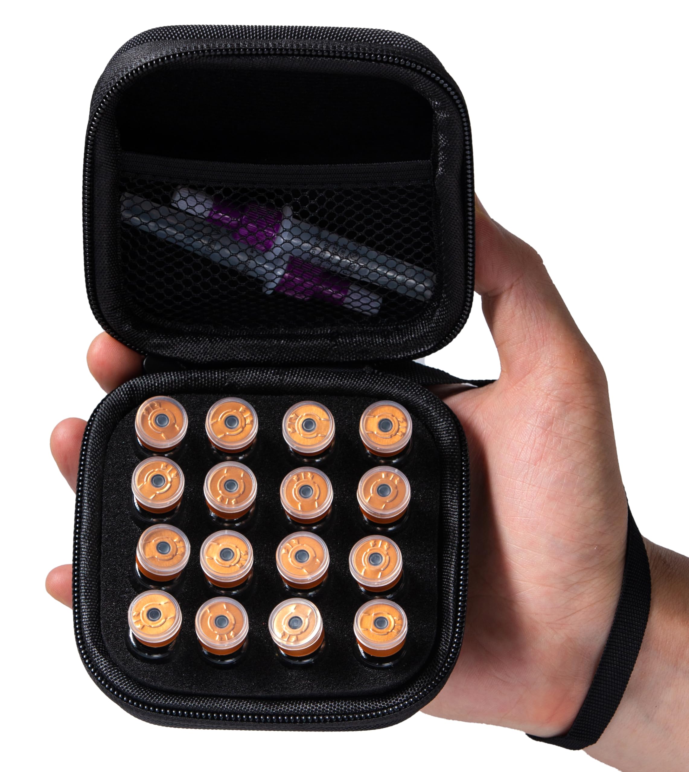 Moyite estuche frontal negro mostrando la capacidad y protección