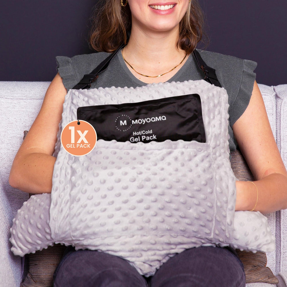 MOYOAMA almohada frontal empaque mostrando dos cojines y pack de gel para apoyo postoperatorio