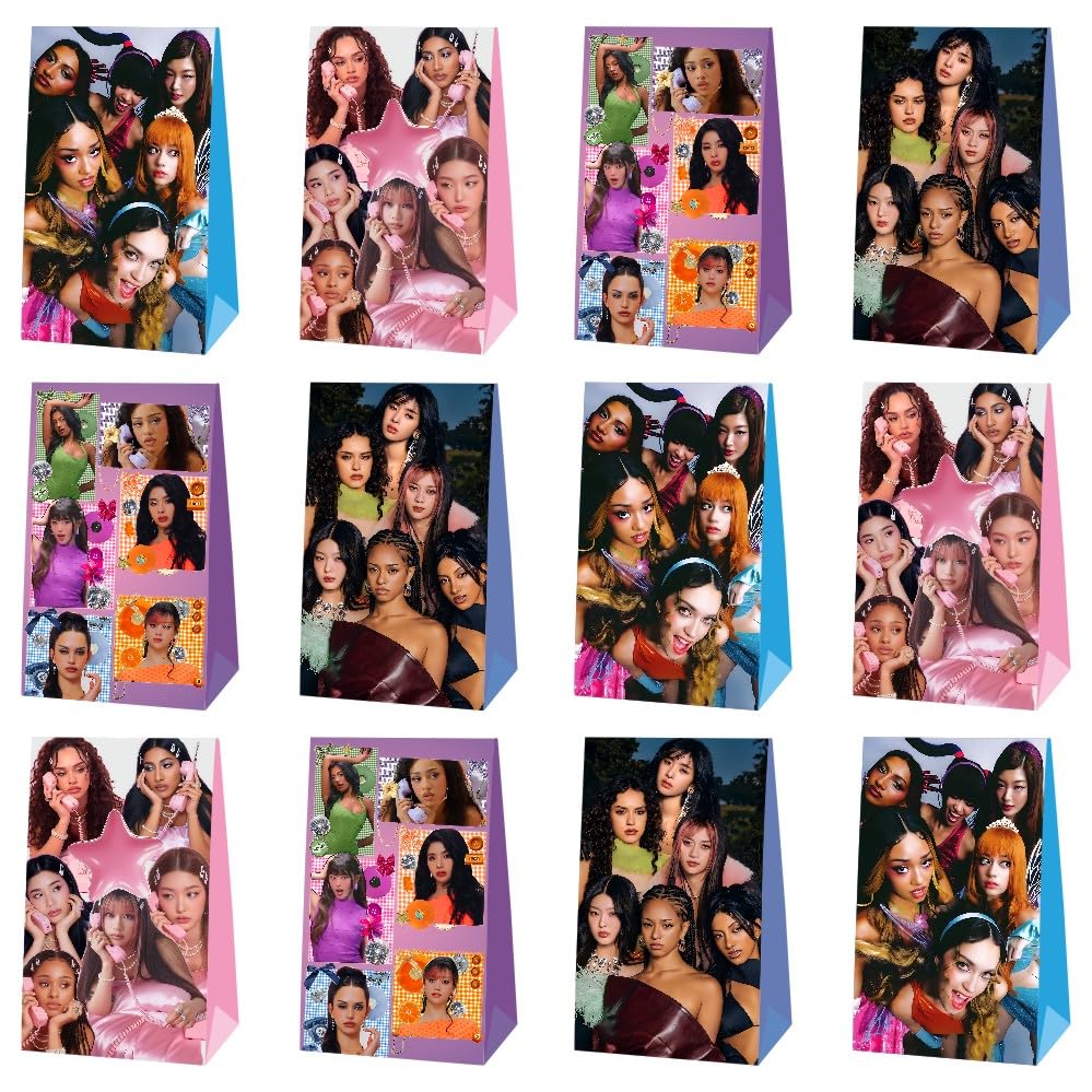 Mozin bolsas Katseye en mesa de fiesta organizando dulces y recuerdos