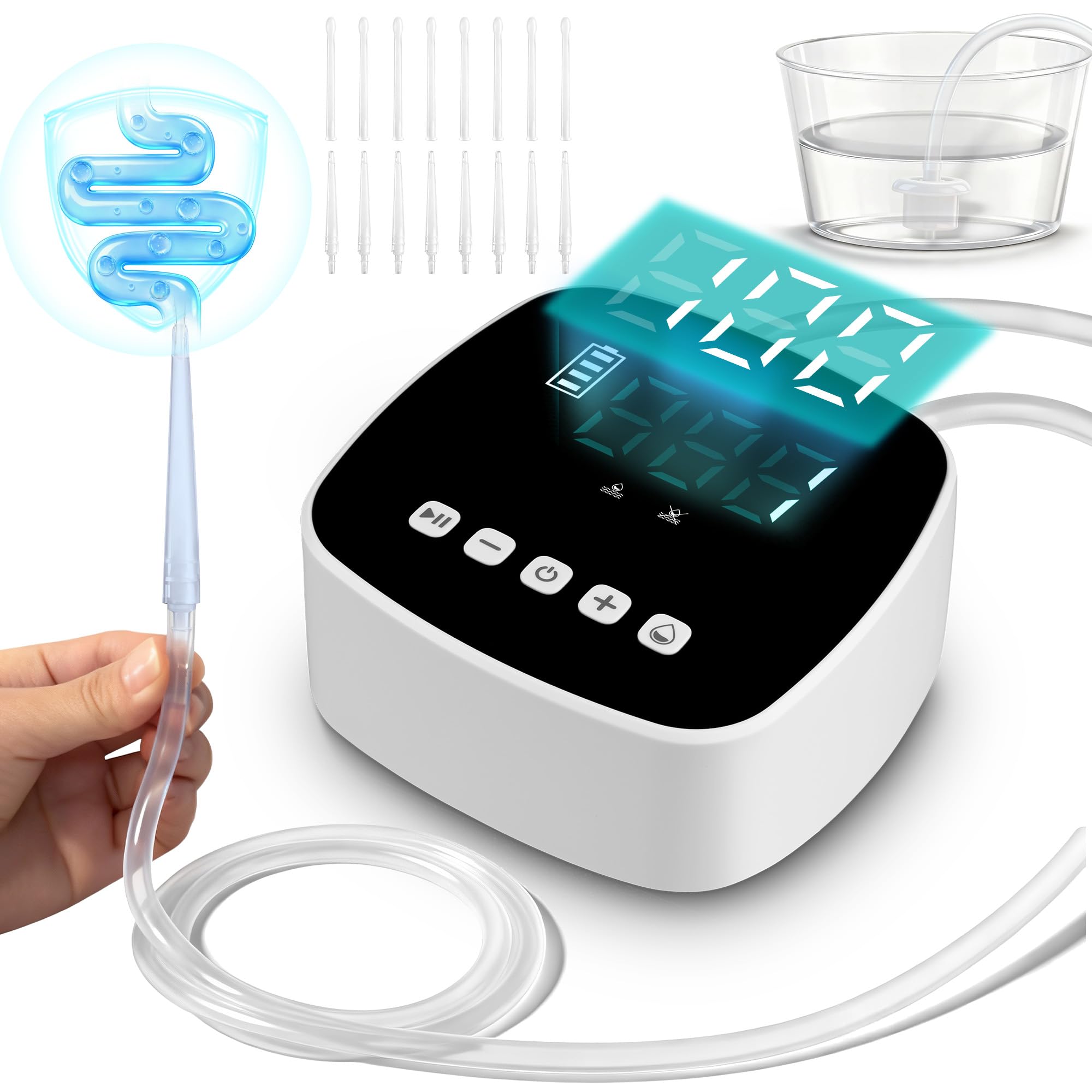 MPADQ frontal del kit enema mostrando diseño portátil y almacenamiento