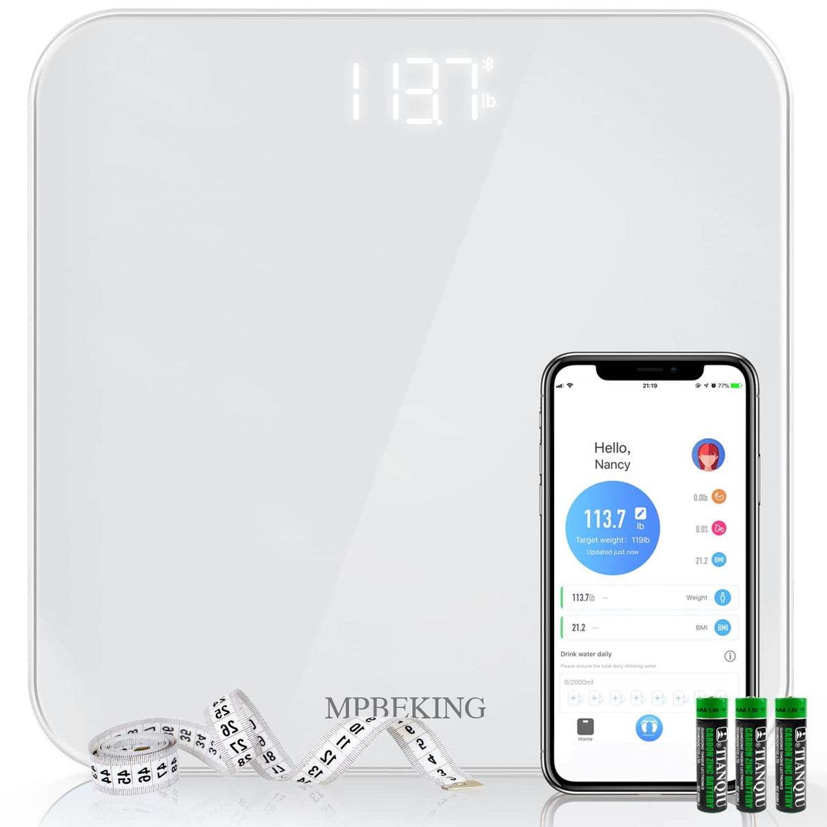 MPBEKING vista frontal de la báscula blanca con gran plataforma, cómoda y estable