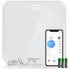 MPBEKING vista frontal de la báscula blanca con gran plataforma, cómoda y estable