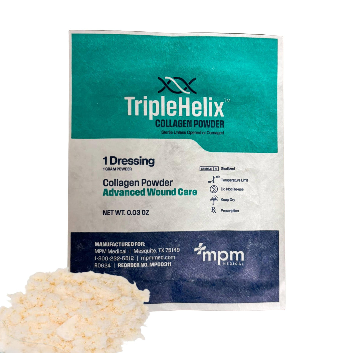 MPM Medical vial TripleHelix frente mostrando etiqueta y beneficio de contenido real de colágeno