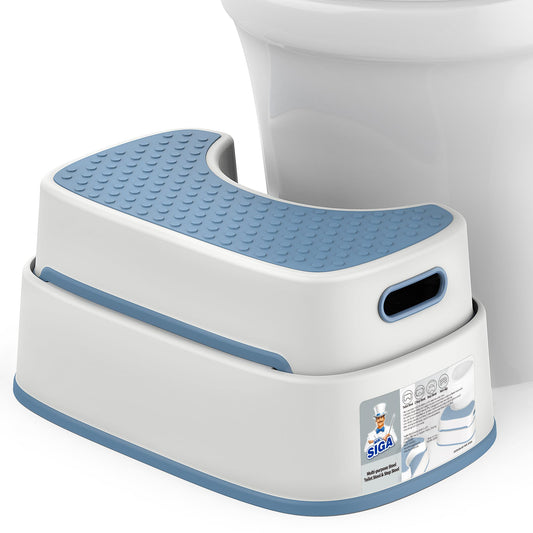 MR.SIGA vista frontal del taburete blanco y azul grisáceo con diseño ergonómico
