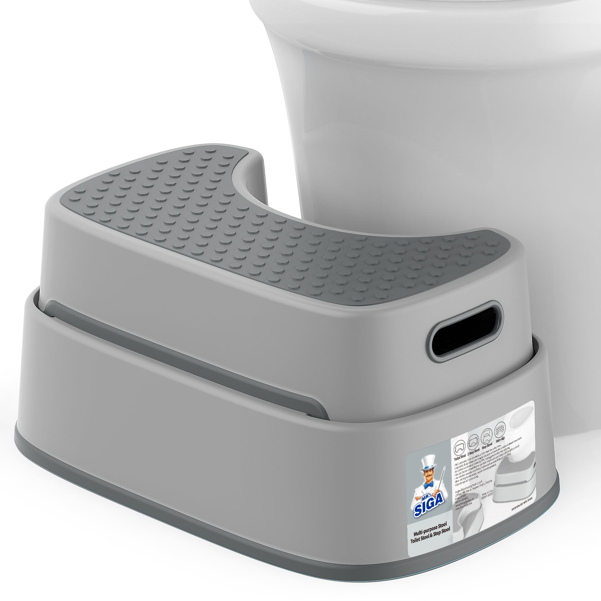 MR.SIGA taburete frontal gris mostrando diseño ergonómico y estabilidad