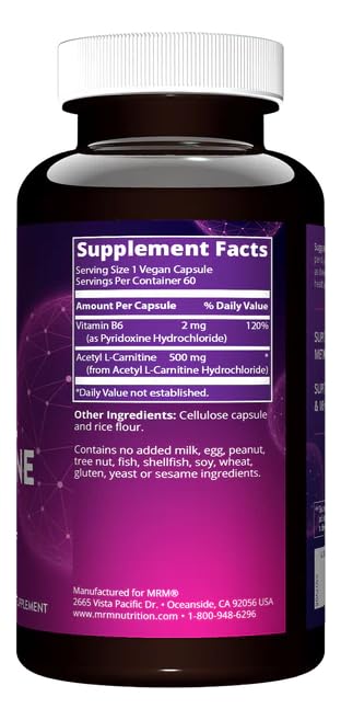 MRM Acetyl L-Carnitine 500 mg, cápsulas en primer plano, apoyo a la claridad mental