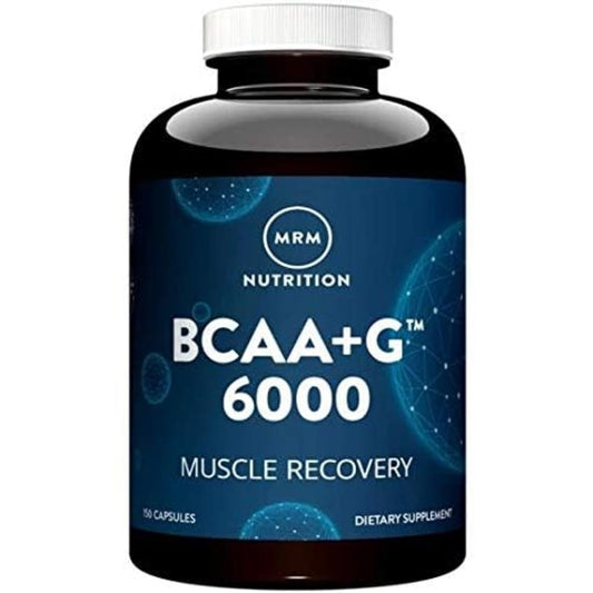 MRM BCAA+G 6000, botella, apoyo para recuperación muscular tras entrenamiento intenso.
