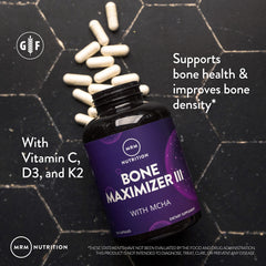 MRM Bone Maximizer III, frasco abierto mostrando cápsulas y apoyo a la densidad ósea