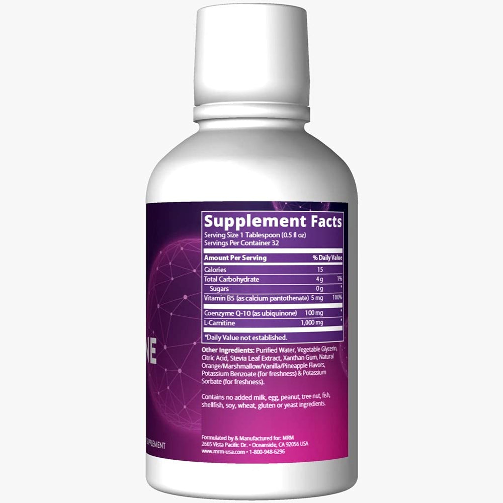 MRM CoQ-10 L-Carnitina: etiqueta clara con información de energía y antioxidantes