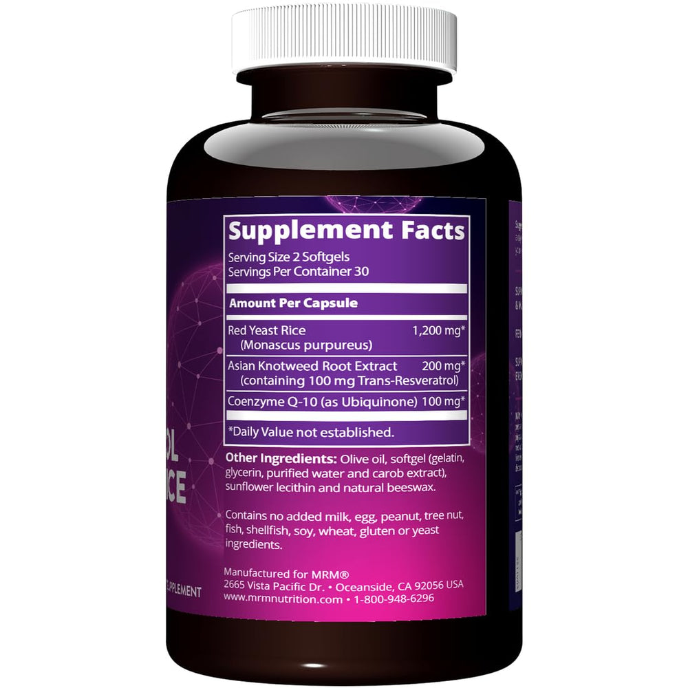 MRM CoQ-10 Resveratrol Arroz de Levadura Roja, etiqueta visible para bienestar cardíaco