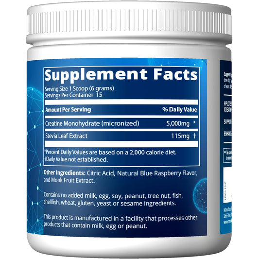 MRM Creatina: envase azul frambuesa facilita transporte y uso diario.