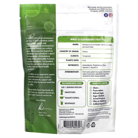 MRM cuchara medidora de polvo de sauco orgánico, perfecta para medir y mezclar en bebidas.