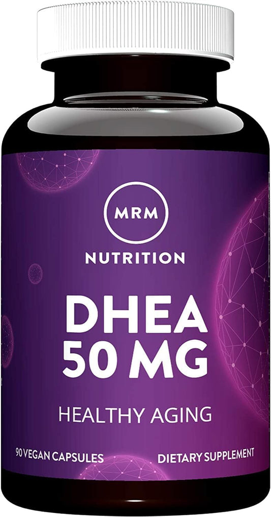 MRM DHEA 50 mg – botella con cápsulas, apoyo posible a la función hormonal natural.