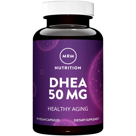 MRM DHEA 50mg imagen frontal del envase mostrando etiqueta clara y beneficios