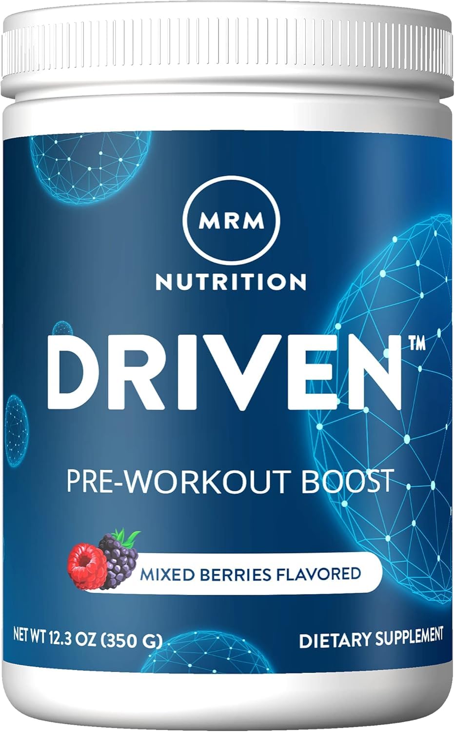 Envase MRM Pre Workout sabor Mixed Berry mostrando etiqueta y raciones