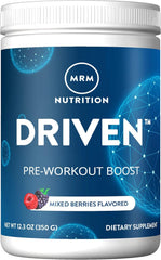 Envase MRM Pre Workout sabor Mixed Berry mostrando etiqueta y raciones