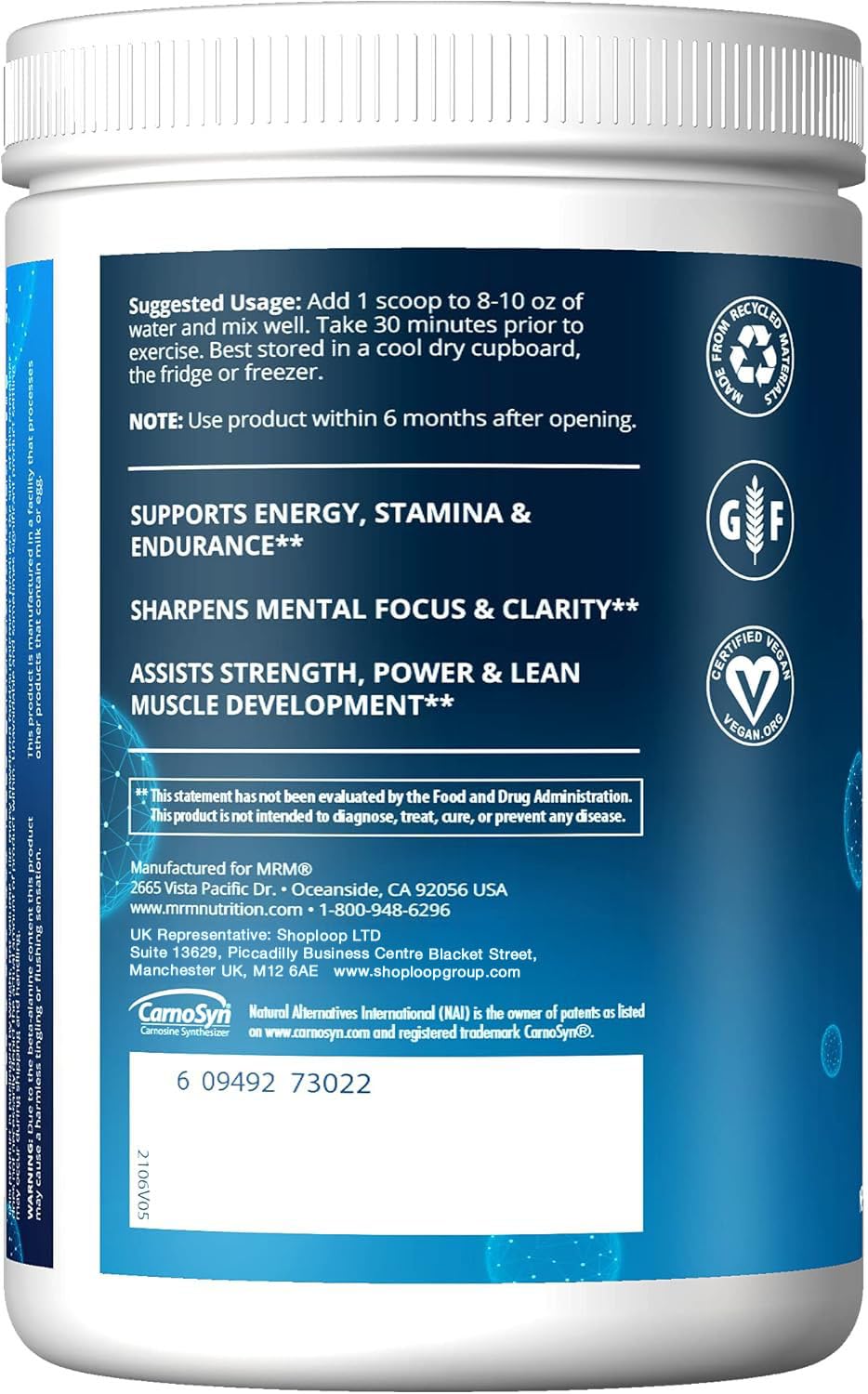 Cuchara con polvo MRM Pre Workout mostrando textura y fácil disolución
