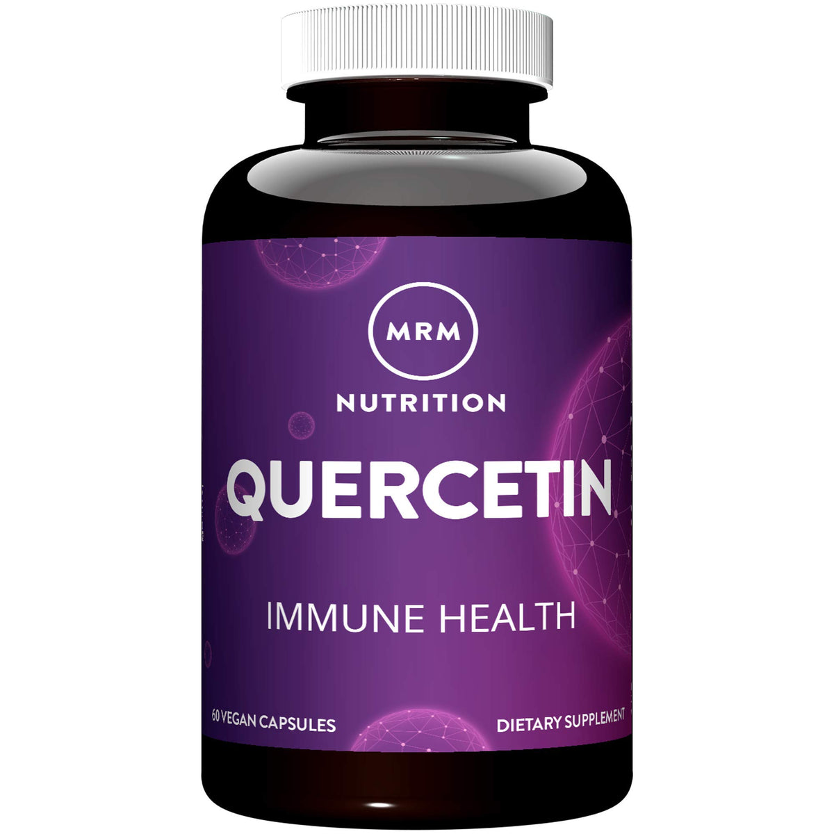 MRM frasco frontal con quercetina 500 mg, envase claro y beneficios antioxidantes