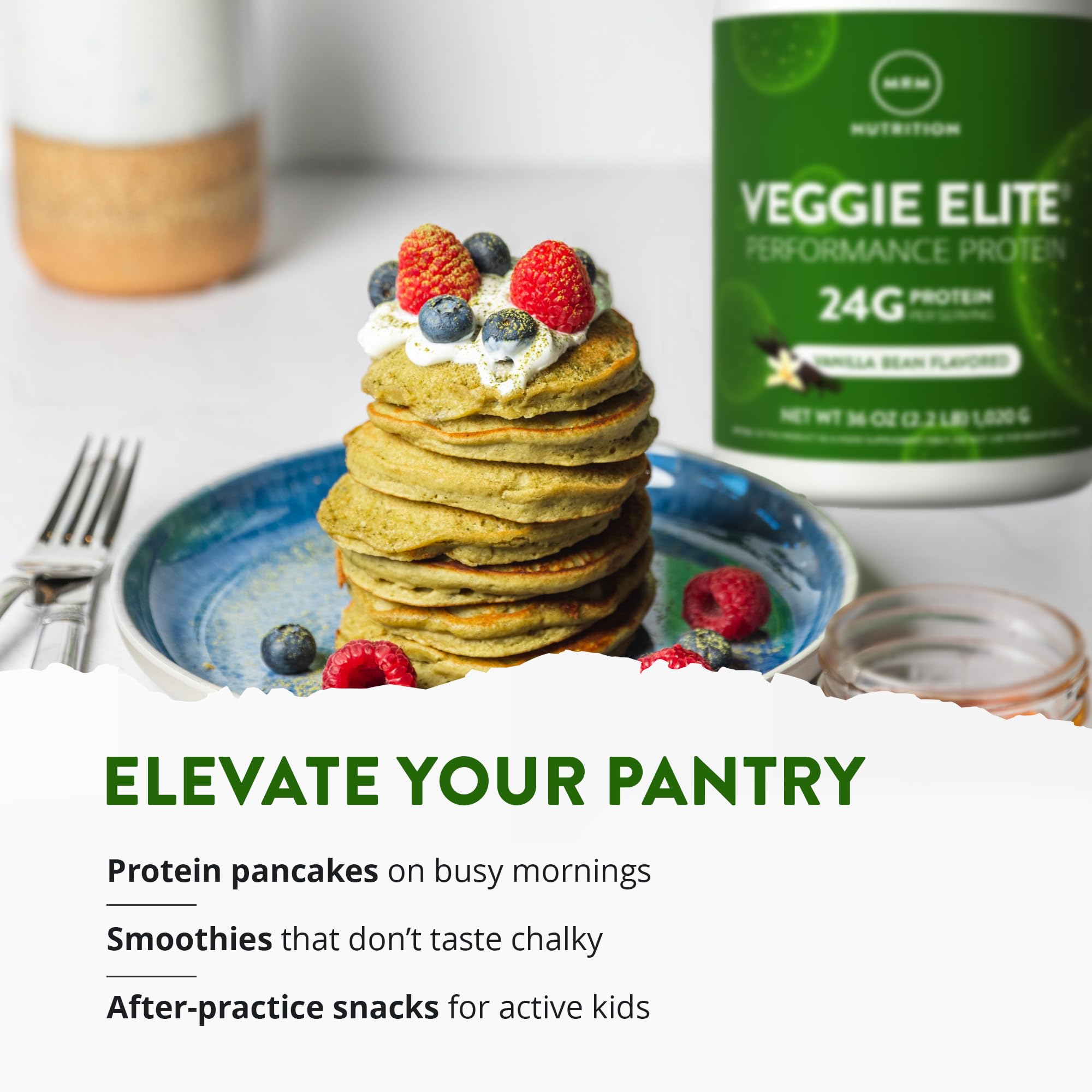MRM pancakes con proteína Veggie Elite para desayuno nutritivo