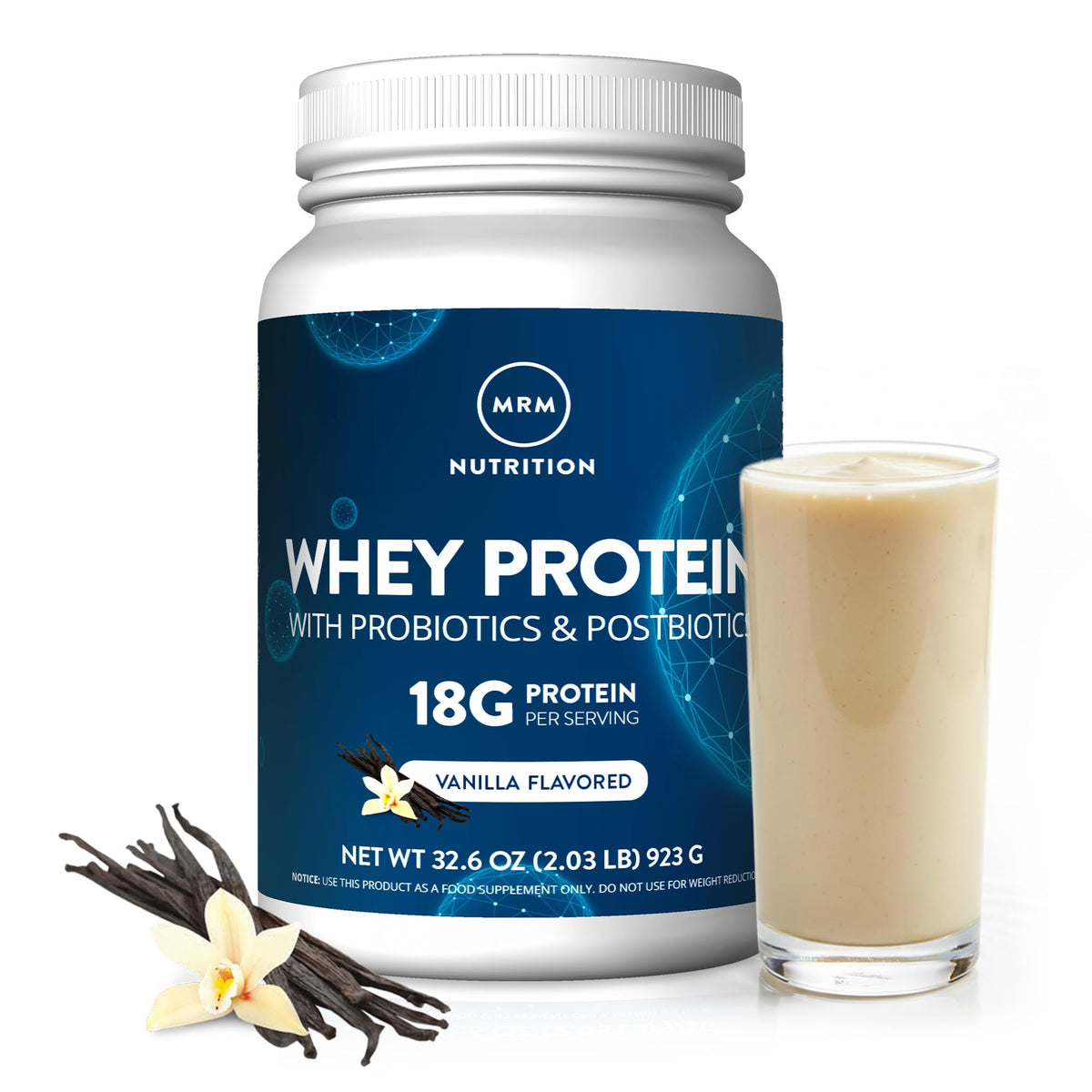 MRM envase frontal de Whey Protein vainilla mostrando diseño y porciones