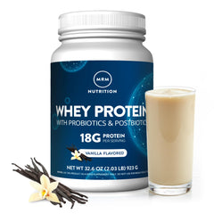 MRM envase frontal de Whey Protein vainilla mostrando diseño y porciones