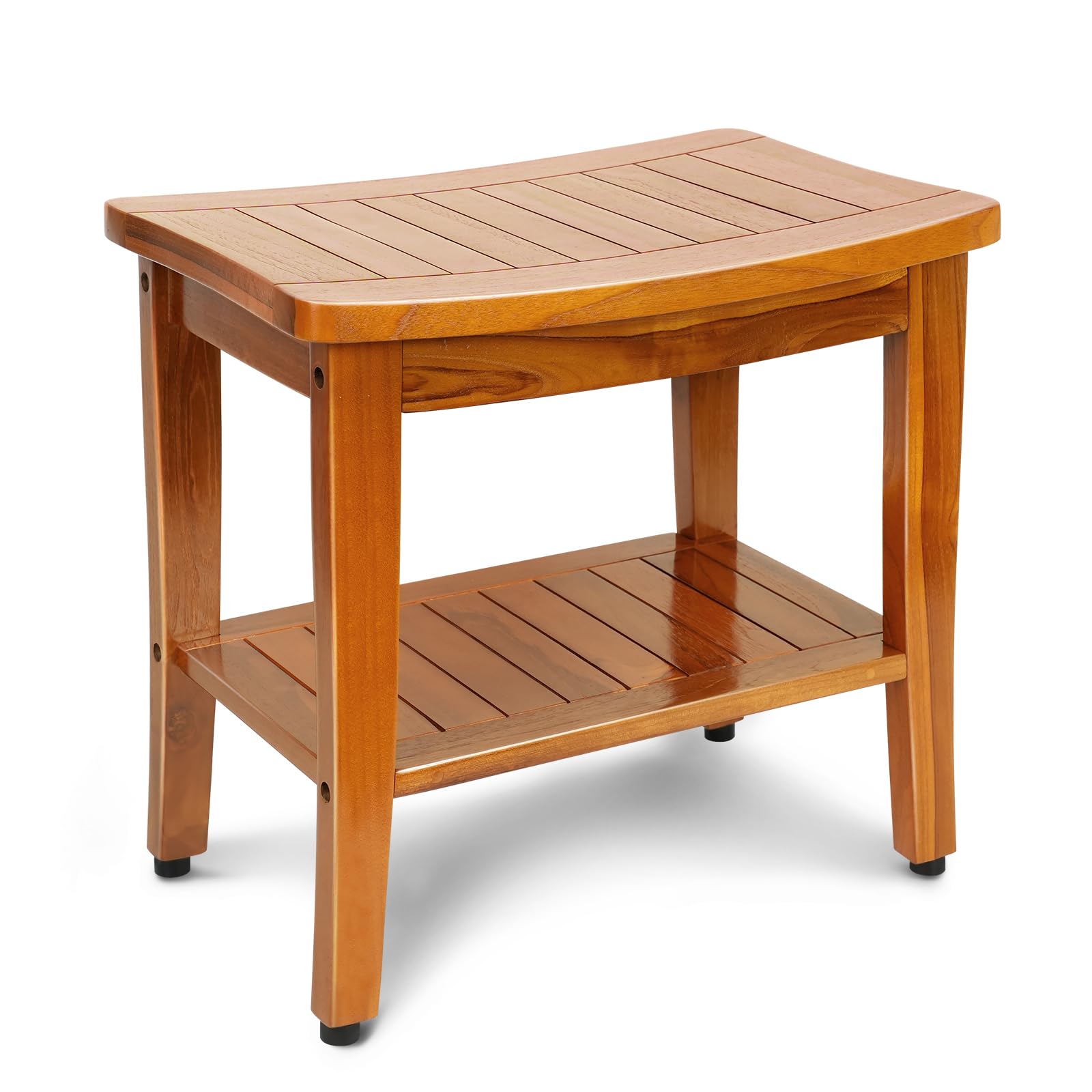 MRTEAK banco de ducha frontal mostrando acabado triple aceite y diseño elegante