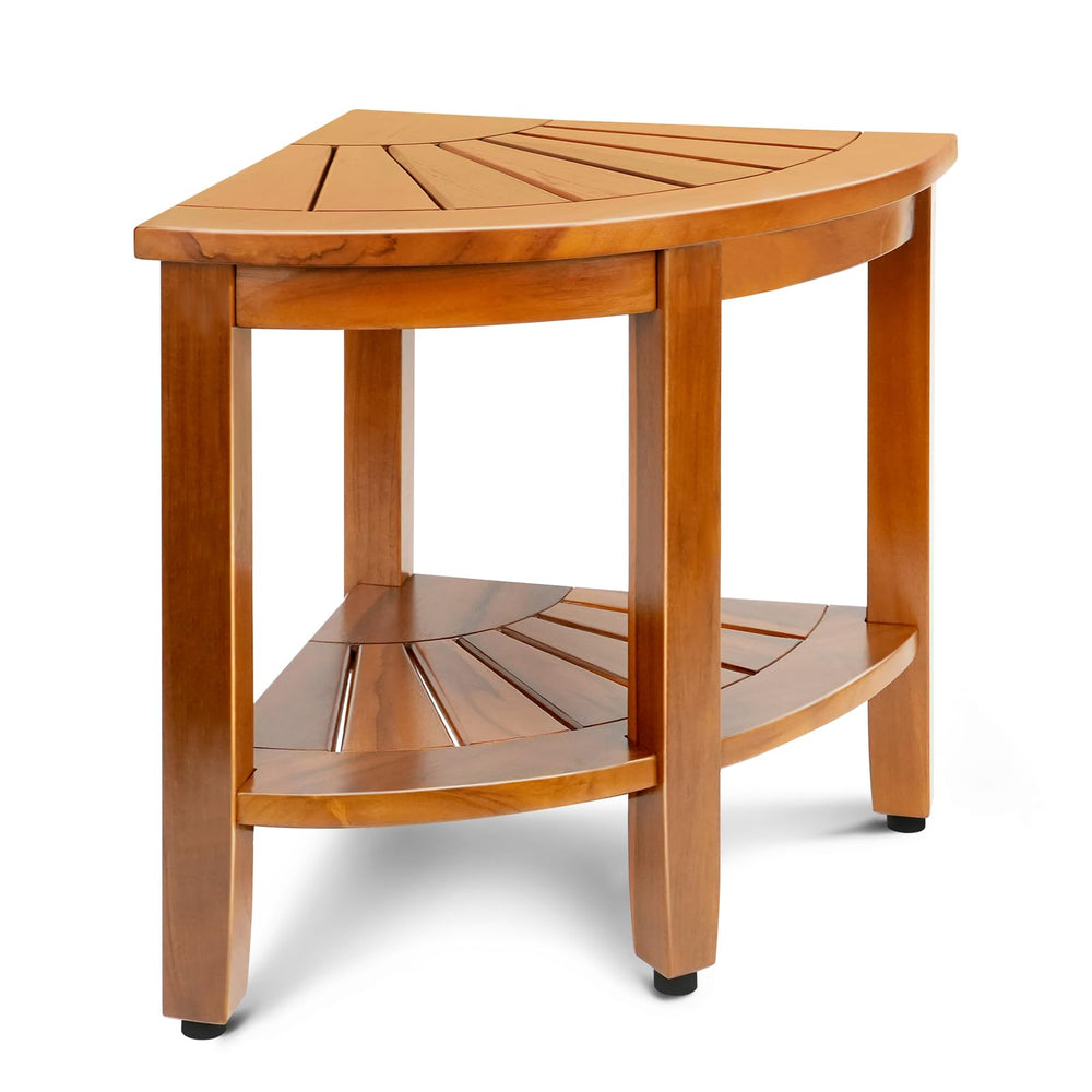MRTEAK banco esquinero frontal mostrando acabado natural y diseño compacto