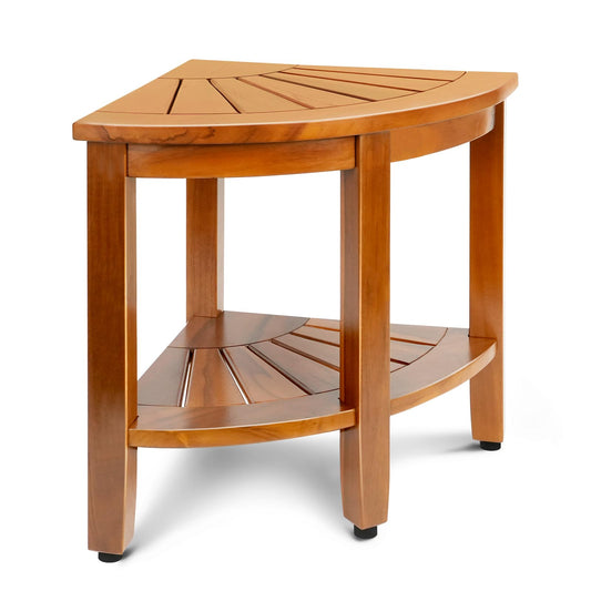 MRTEAK banco esquinero frontal mostrando acabado natural y diseño compacto