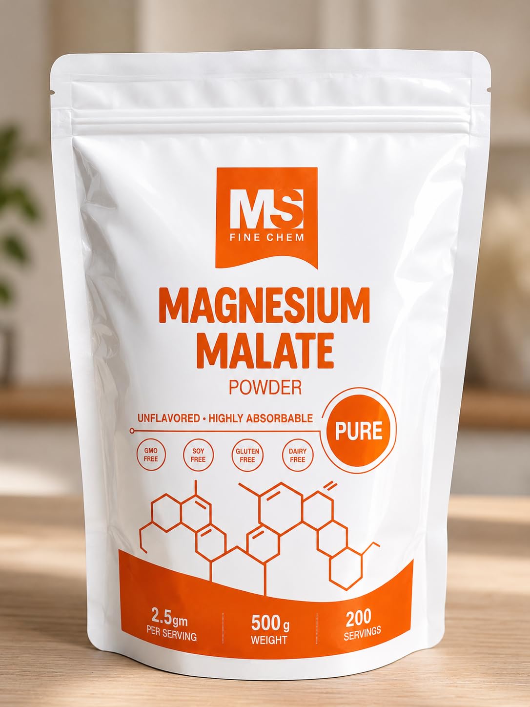MS Finechem envase frontal de Magnesium Malate Powder muestra etiqueta clara y ventajas