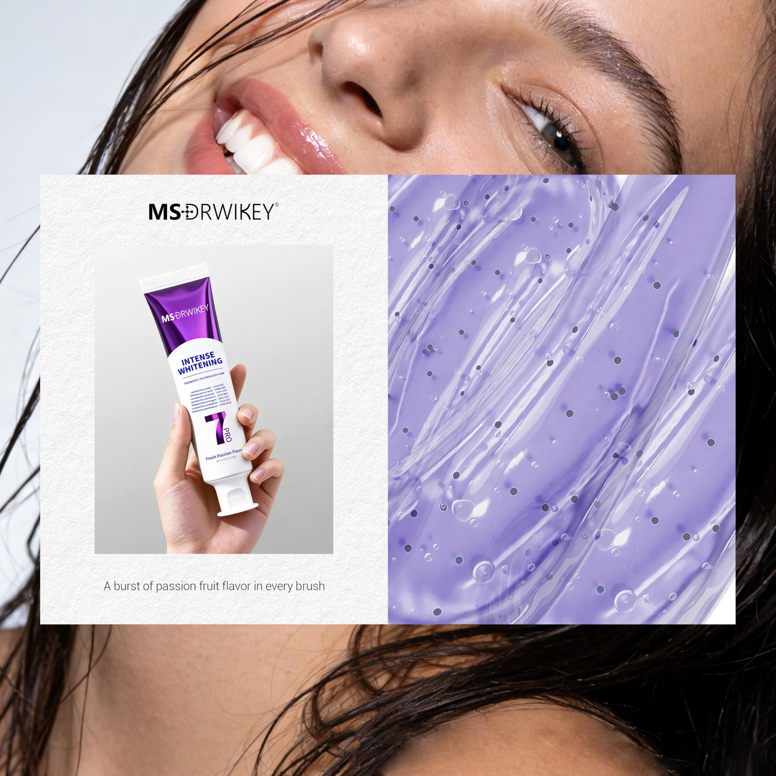 MSDRWIKEY etiqueta con ingredientes destacando probióticos y sin flúor