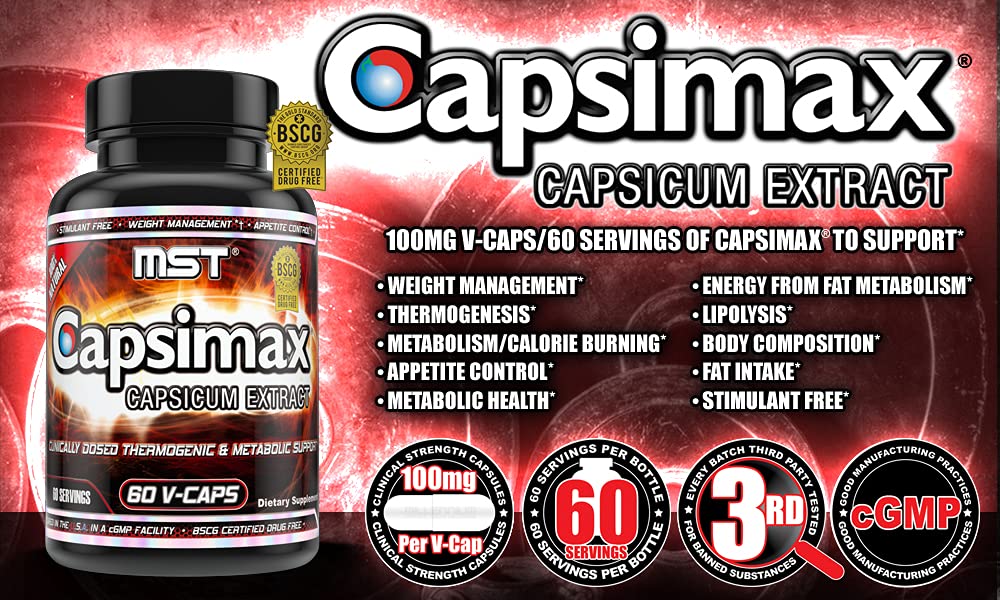 MST Capsimax junto a pesas y botella de agua, apoyo termogénico para entrenamientos