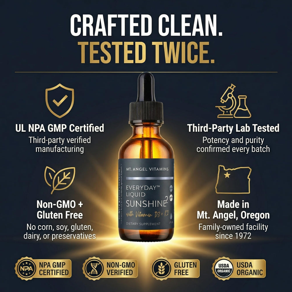 Mt. Angel Vitamins etiqueta con ingredientes y certificaciones, transparencia de fórmula