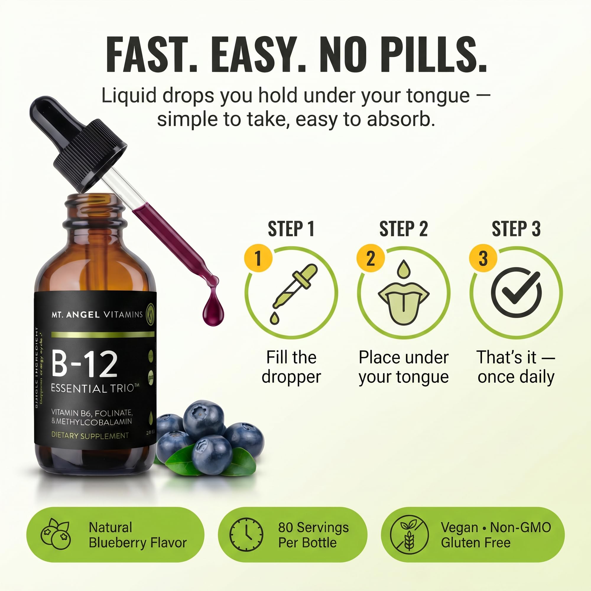 Mt. Angel Vitamins gota sublingual en uso, absorción rápida y cómoda