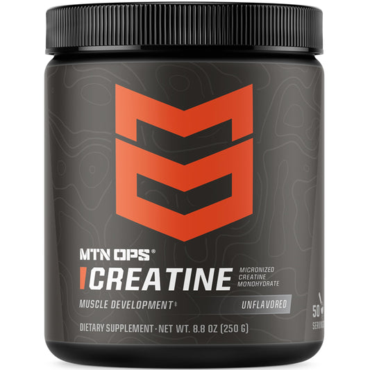 MTN OPS envase frontal de creatina monohidrato sin sabor que transmite pureza