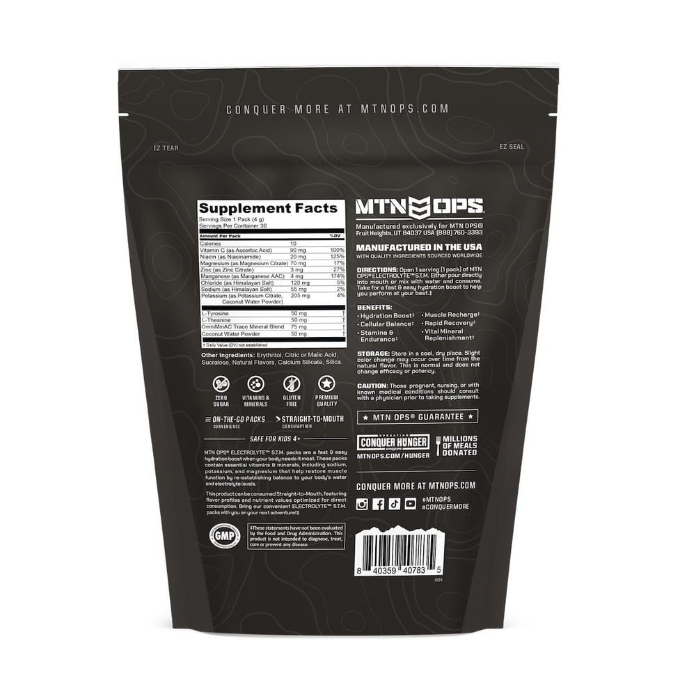 MTN OPS etiqueta nutricional destacando electrolitos sin azúcares