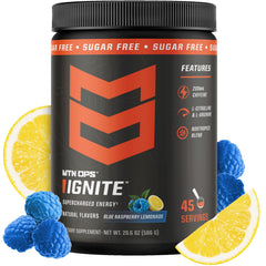 MTN OPS frasco Ignite mostrando diseño frontal y sabor Blue Raspberry Lemonade, aporta confianza visual