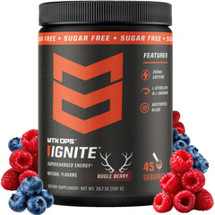 MTN OPS envase frontal de Ignite Bugle Berry mostrando diseño y beneficio energético