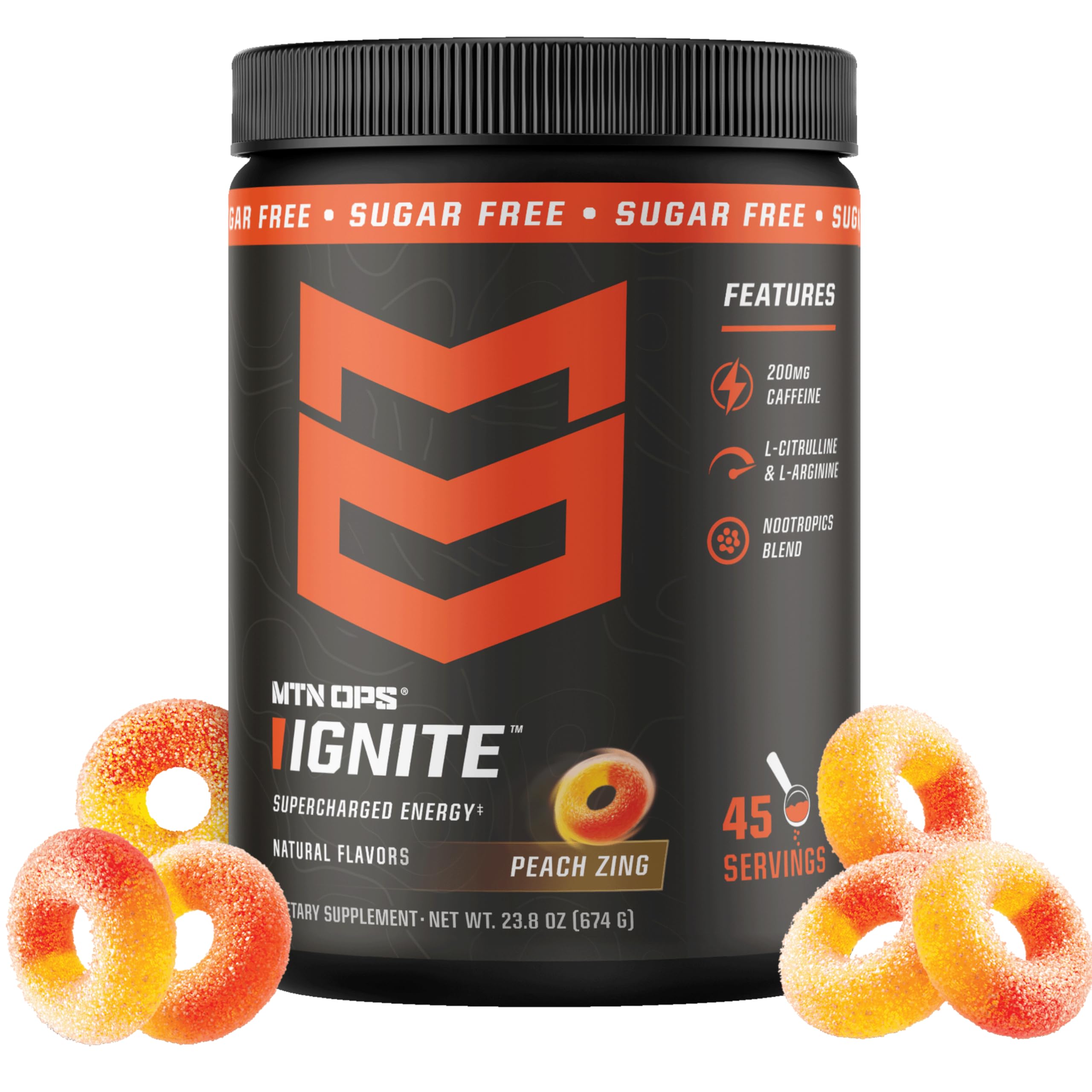 MTN OPS envase frontal mostrando sabor Peach Zing y beneficio de energía sostenida