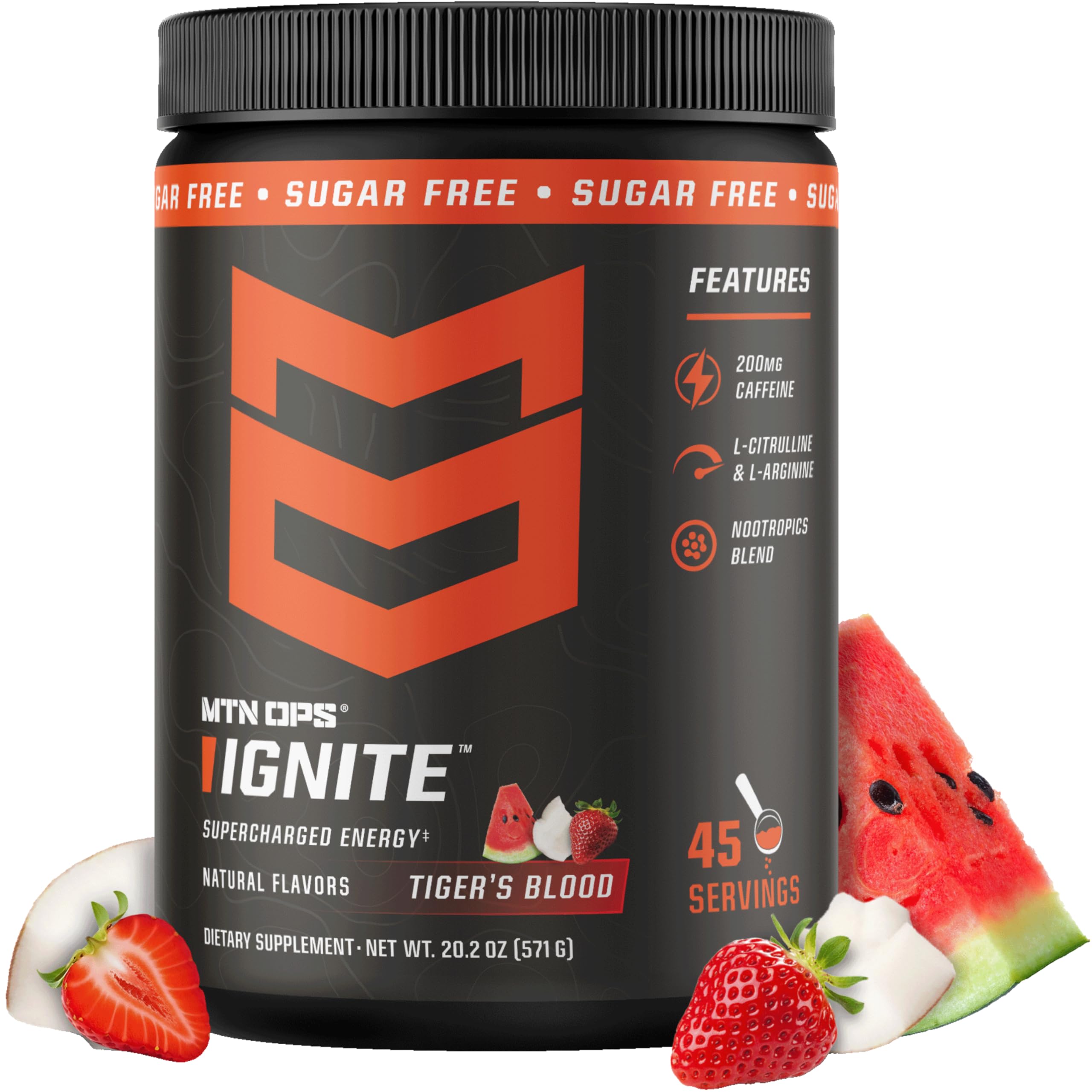MTN OPS envase frontal de Ignite Tiger's Blood mostrando formato y sabor