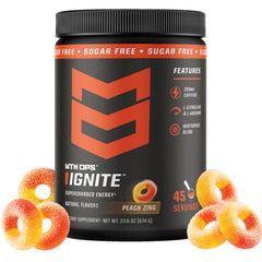 MTN OPS envase frontal mostrando sabor Peach Zing y beneficio de energía sostenida