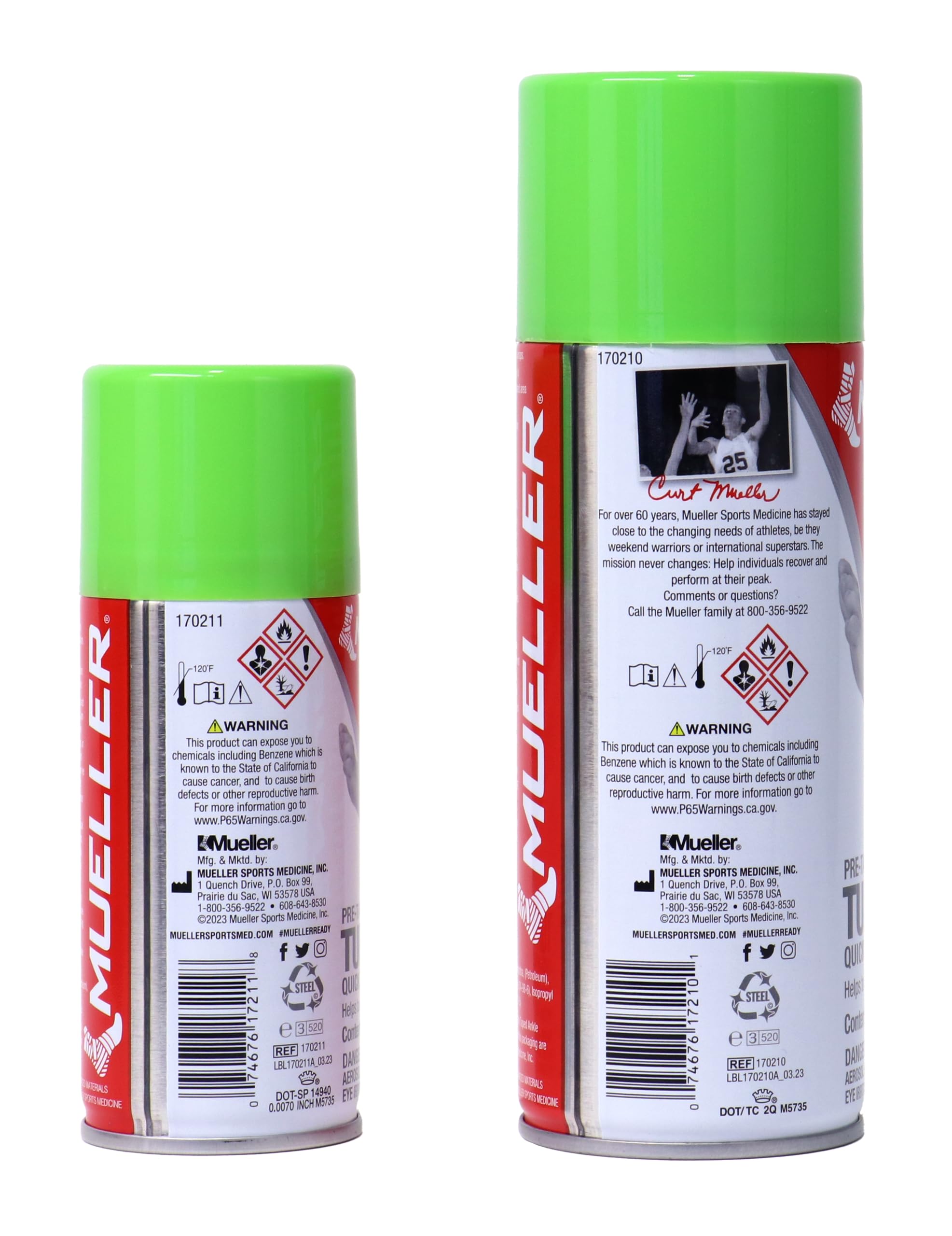 MUELLER aerosol junto a mano para comparar tamaño y facilitar transporte